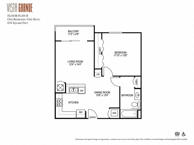 Floor plan for 1 bed, 1 bath, 670 sqft